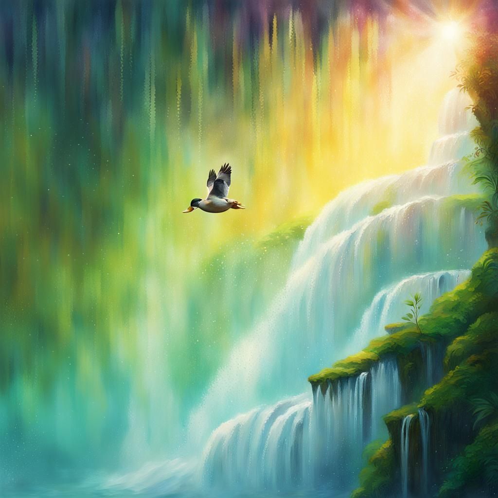 Dreamlike Duck Plummets Waterfall in Digital Painting