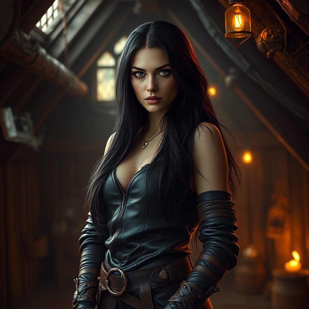 Medieval Woman in Leather Attire, Dressed for the Night