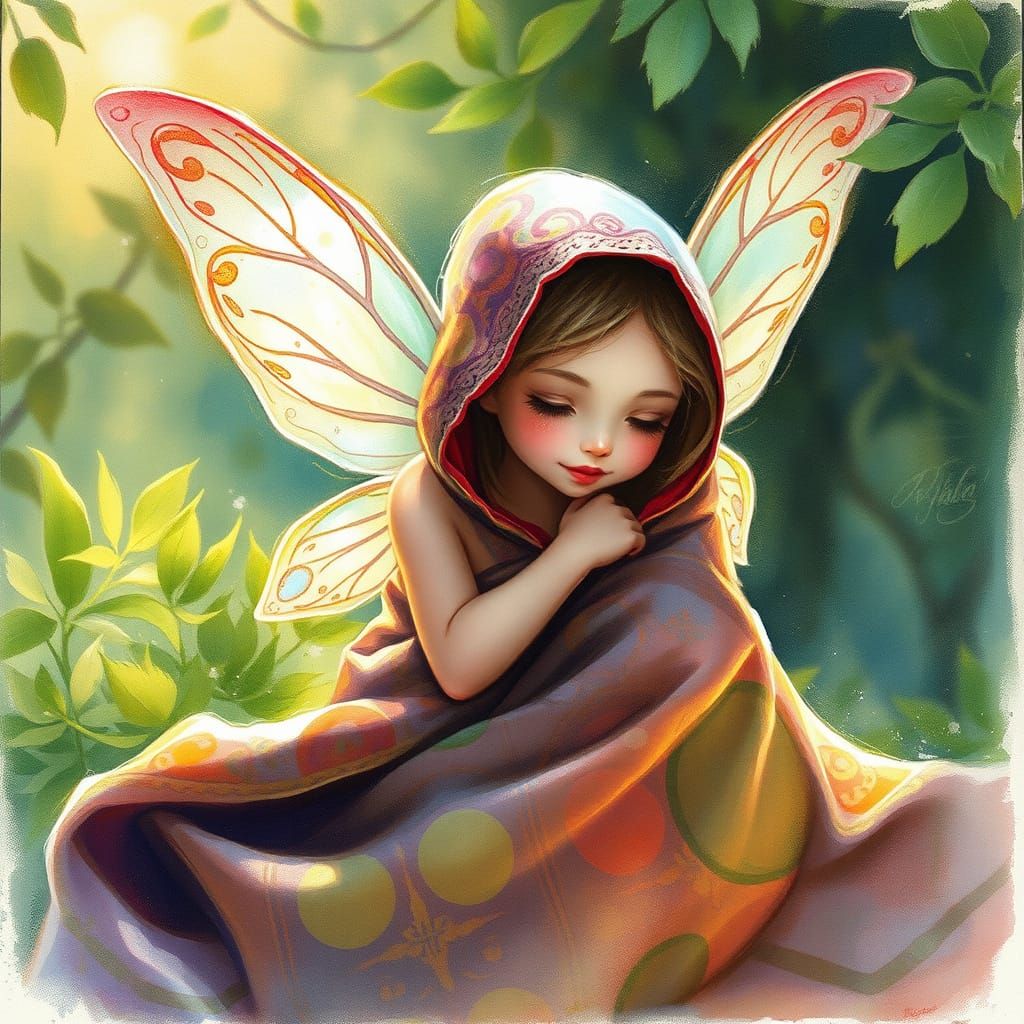 Whimsical Fairy Enveloped in Vibrant Blanket amidst Lush Gre...