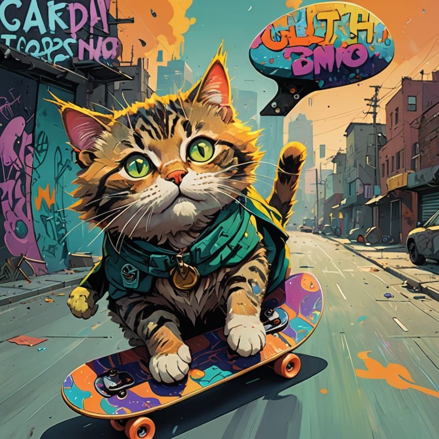 Majestic Cat Riding Graffiti Skateboard in Sunset Colors