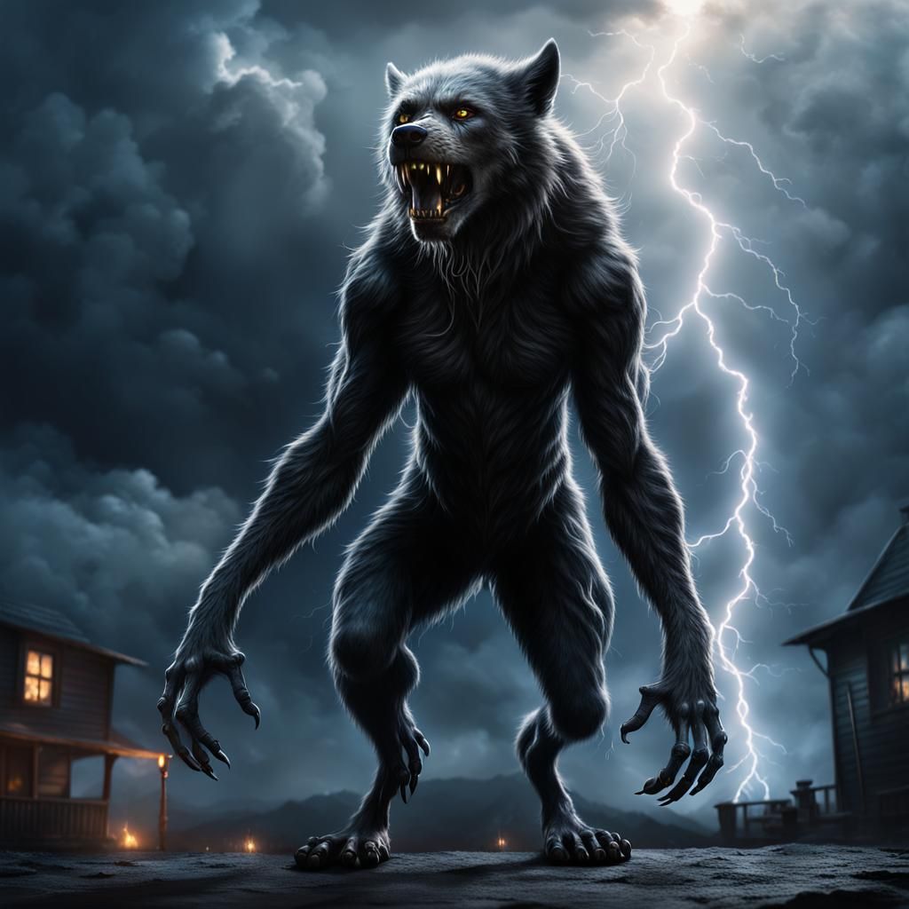 Towering Black Female Werewolf in Lightning Storm