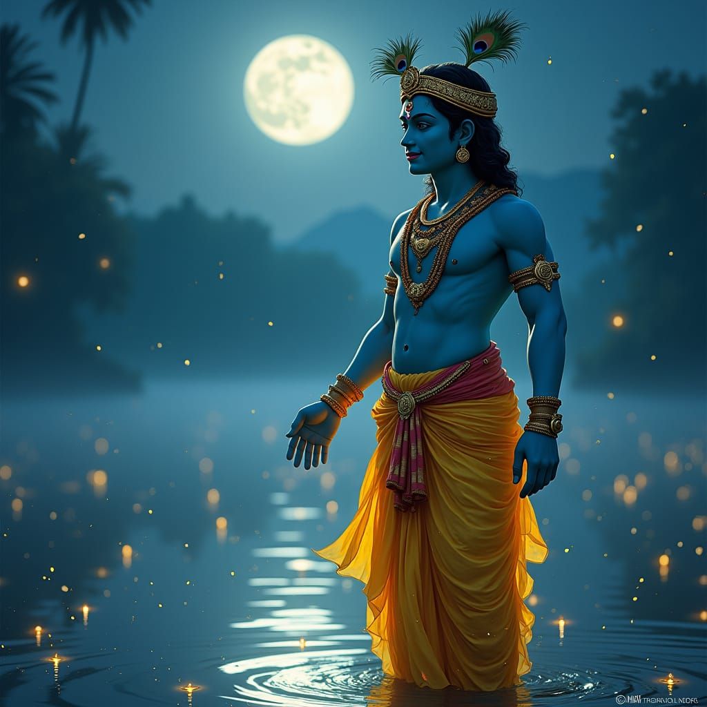 Krishna on Yamuna Riverbank in Dreamy Style