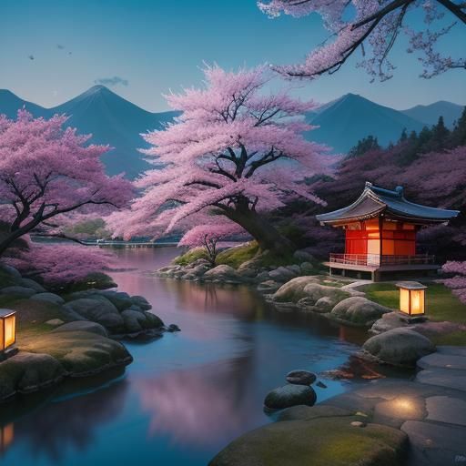 Sakura Tree and Temples in Ethereal Landscape