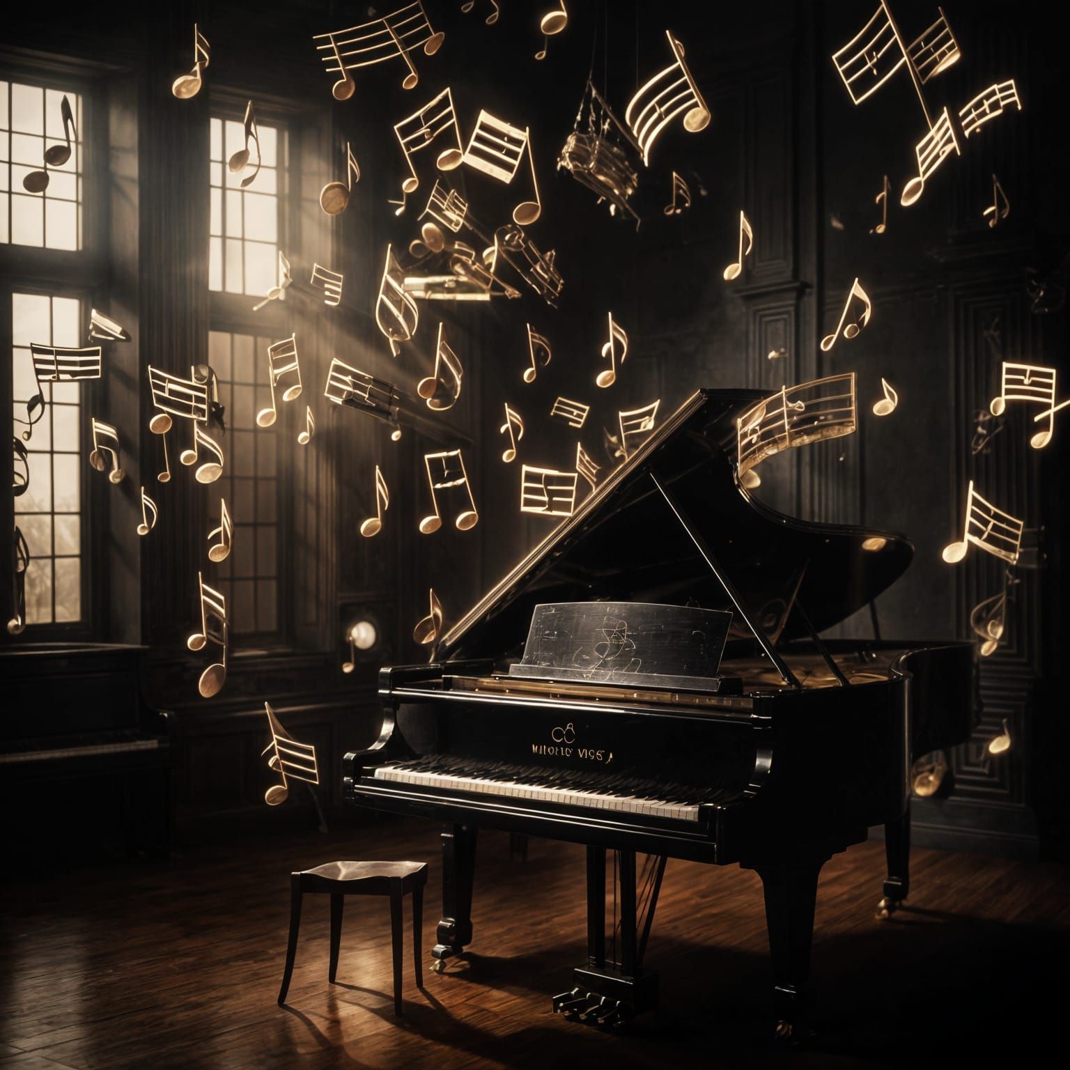 Dynamic Music Notes Dance Around Piano