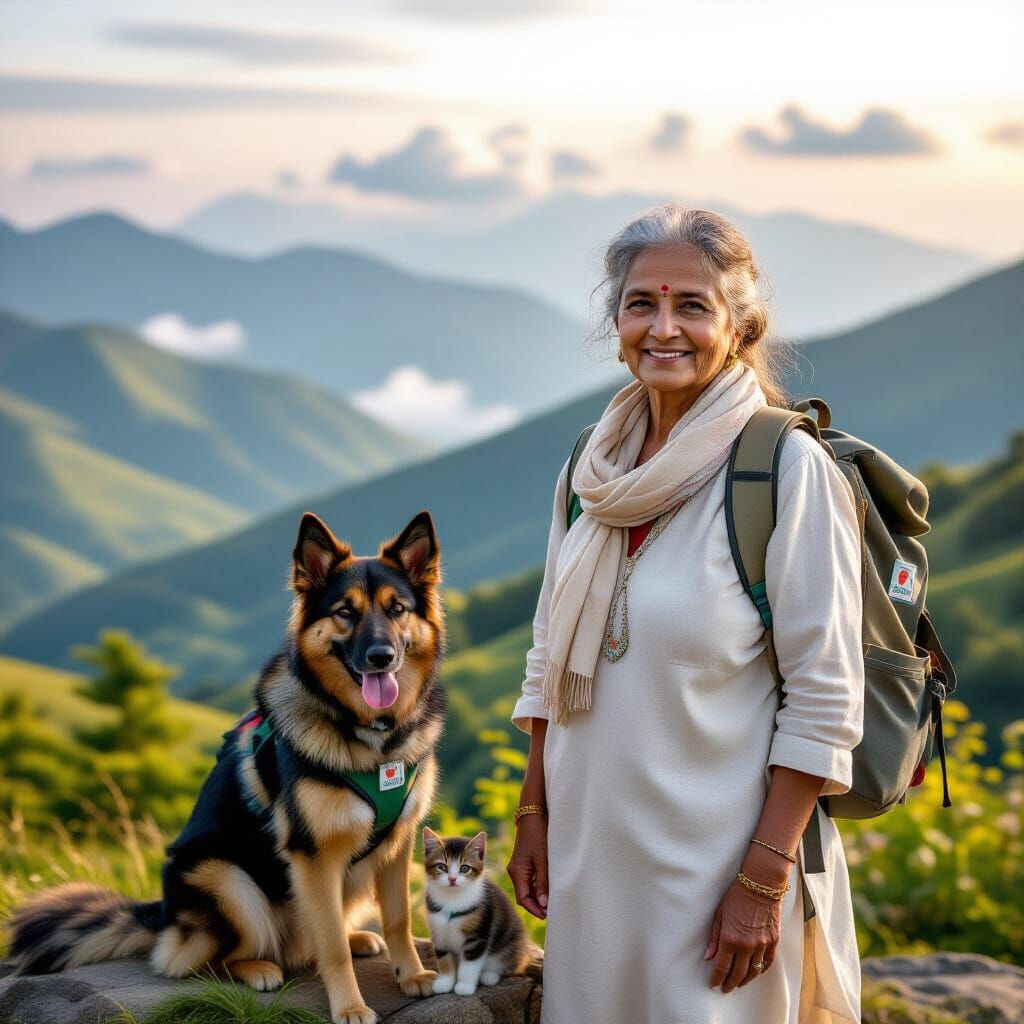 Elderly Woman, Pets Enjoy Scenic Hillside View