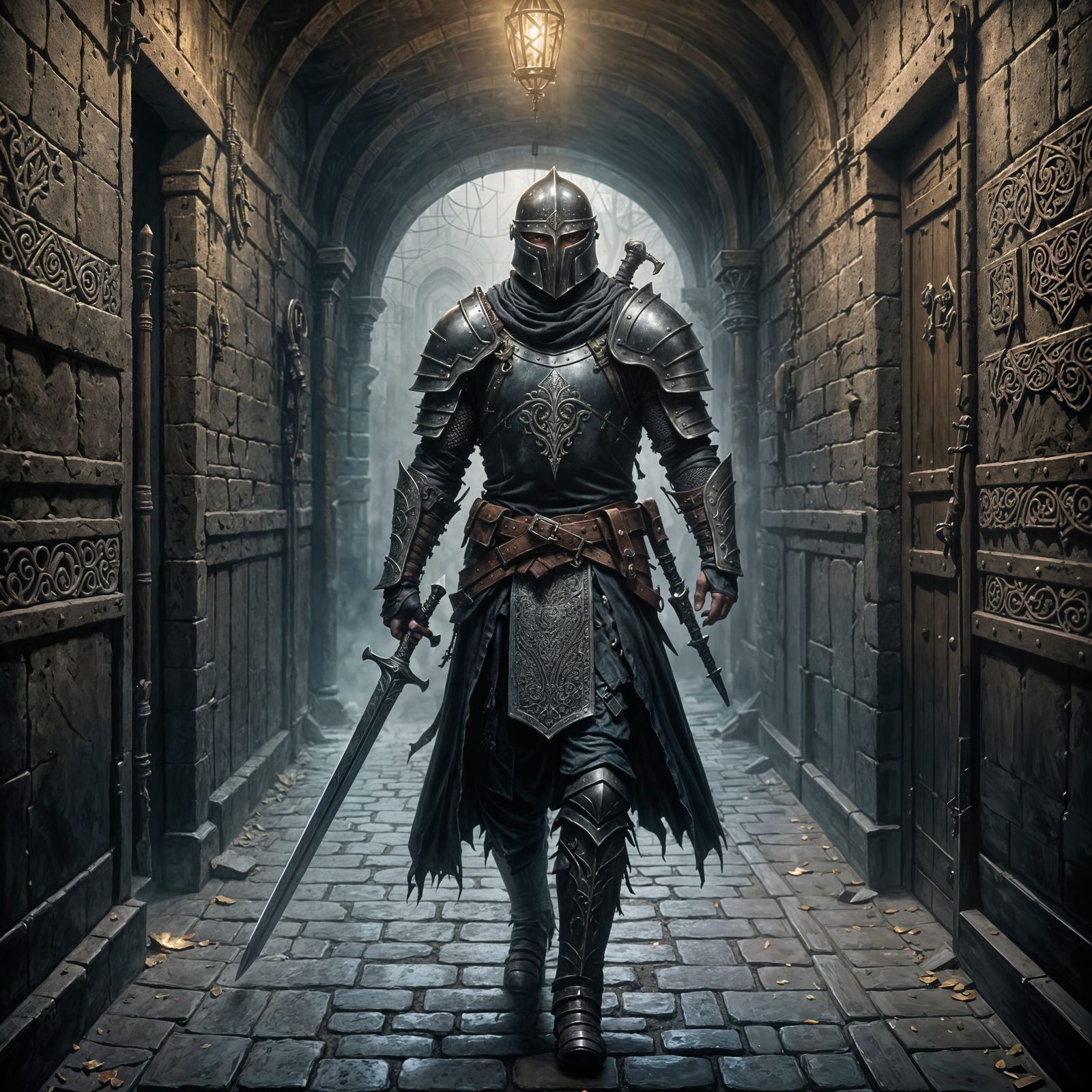 Warrior in Dark Fantasy Dungeon Corridor