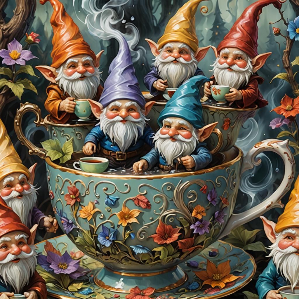 Gnomes Tea Party in Teacup: Fantasy Illustration