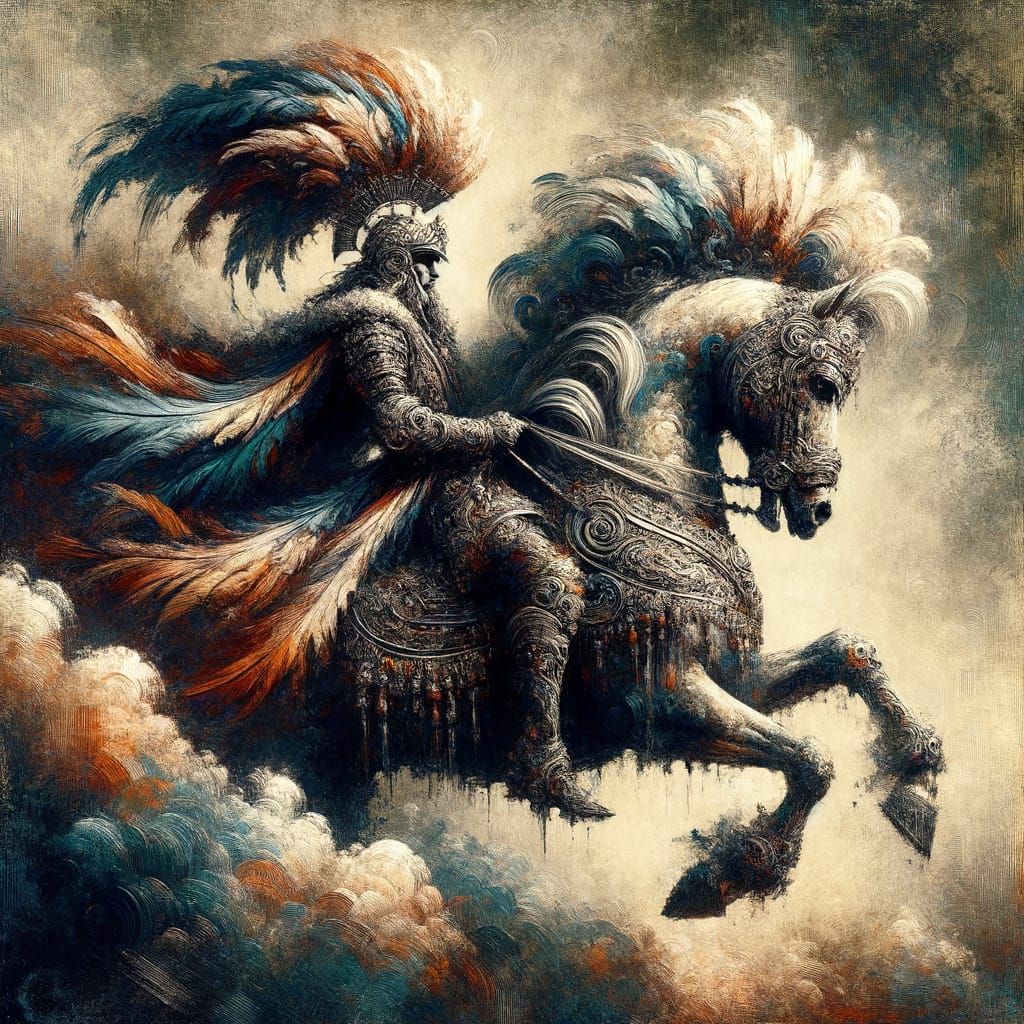 Warrior on Horseback with Feathered Bonnet in Old School Fan...