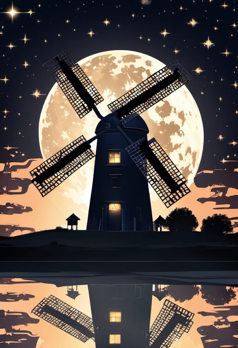 Menacing Shadow Windmill Under a Starry Sky