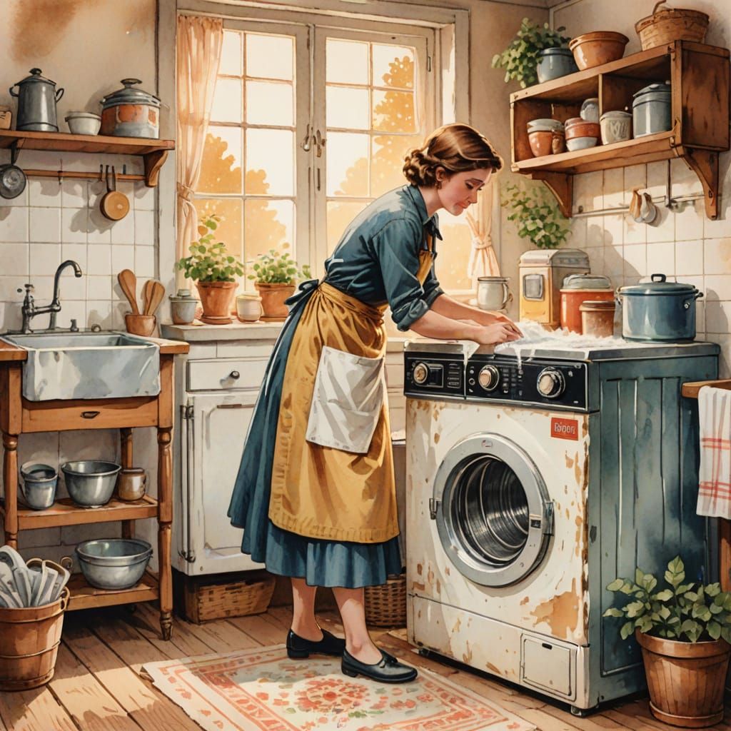 Nostalgic Kitchen Scene with Vintage Washing Machine
