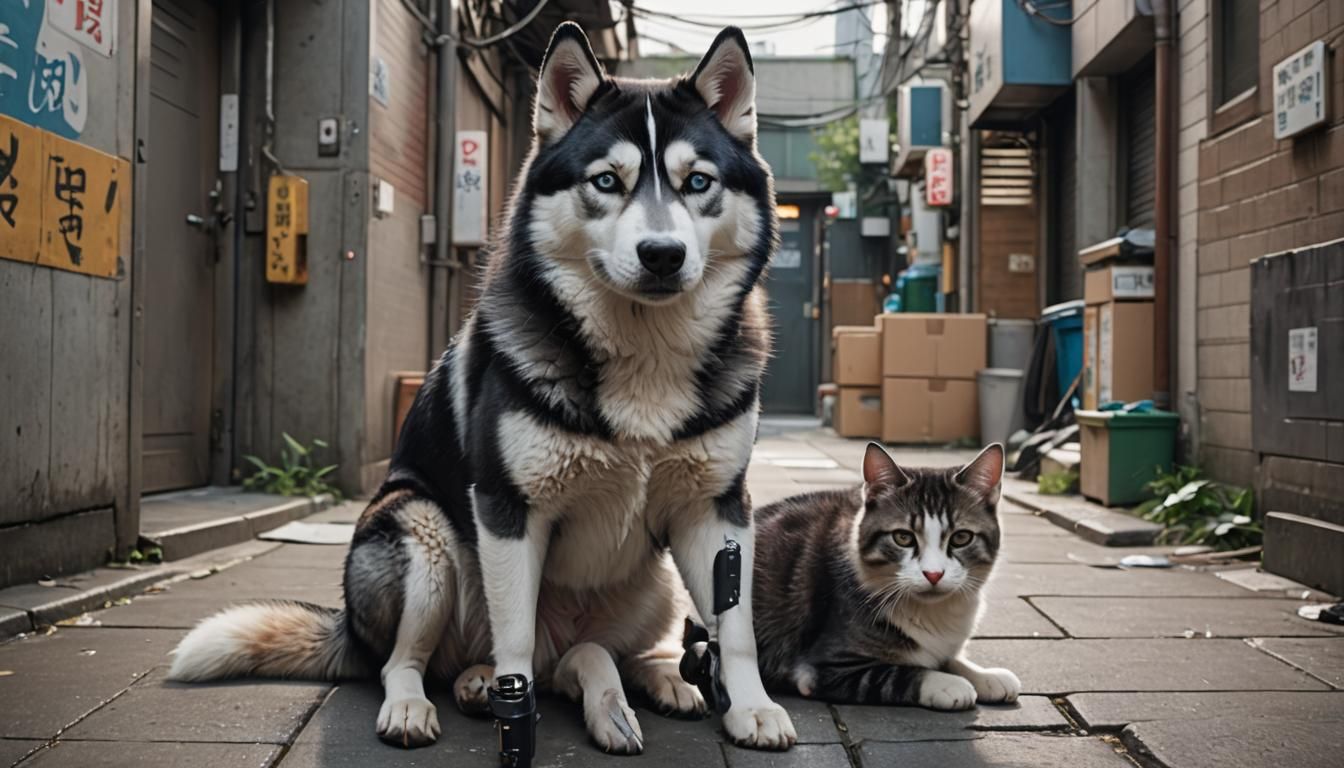 A Siberian Husky and a American Shorthair