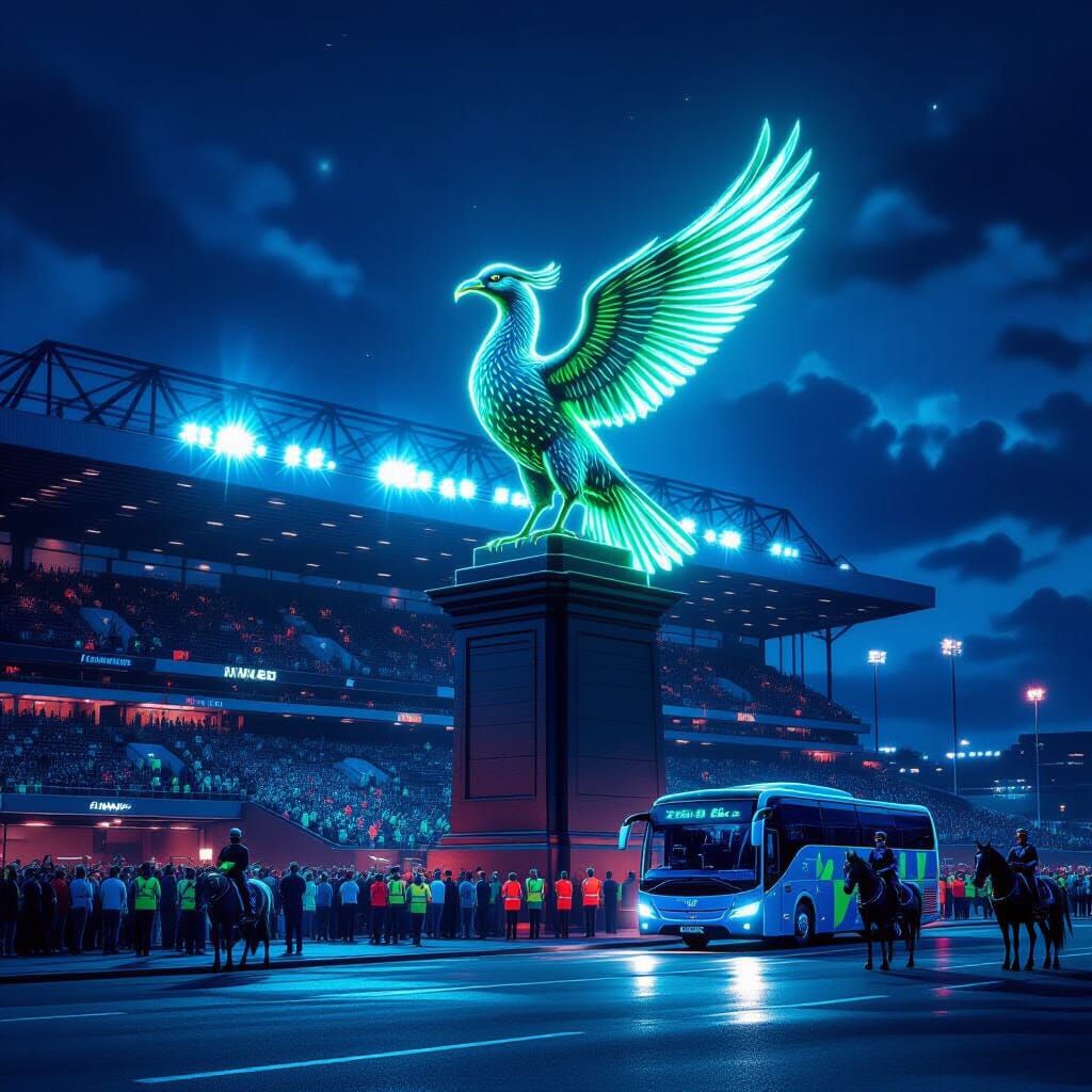 Bioluminescent Liver Bird Over Anfield Stadium at Night
