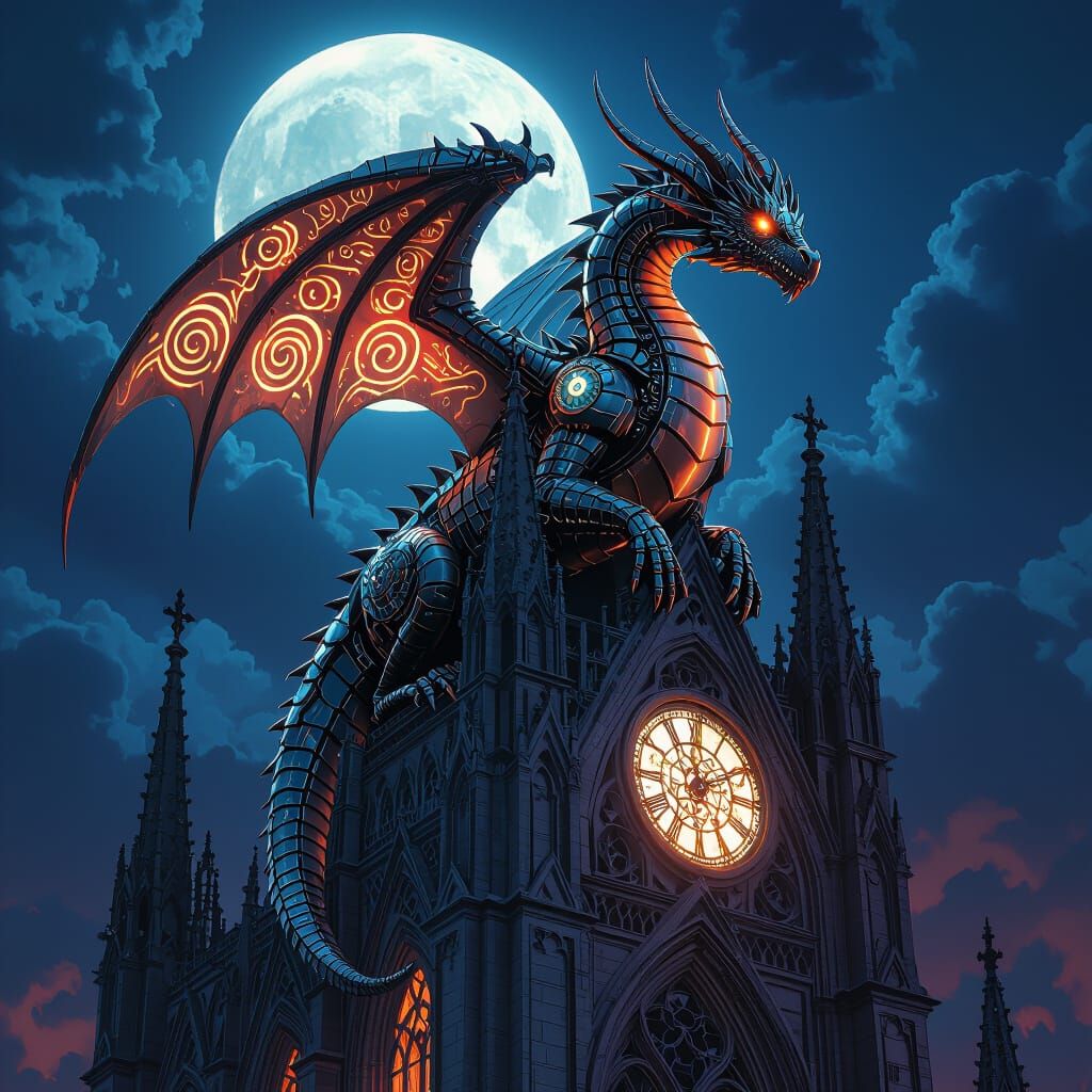 Biomechanical Dragon on Gothic Cathedral in Hyperrealistic S...