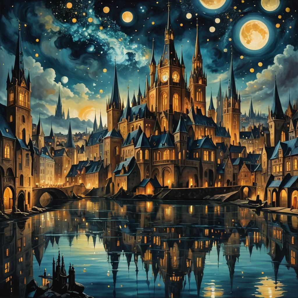 Surreal Cityscape in Starry Night Sky