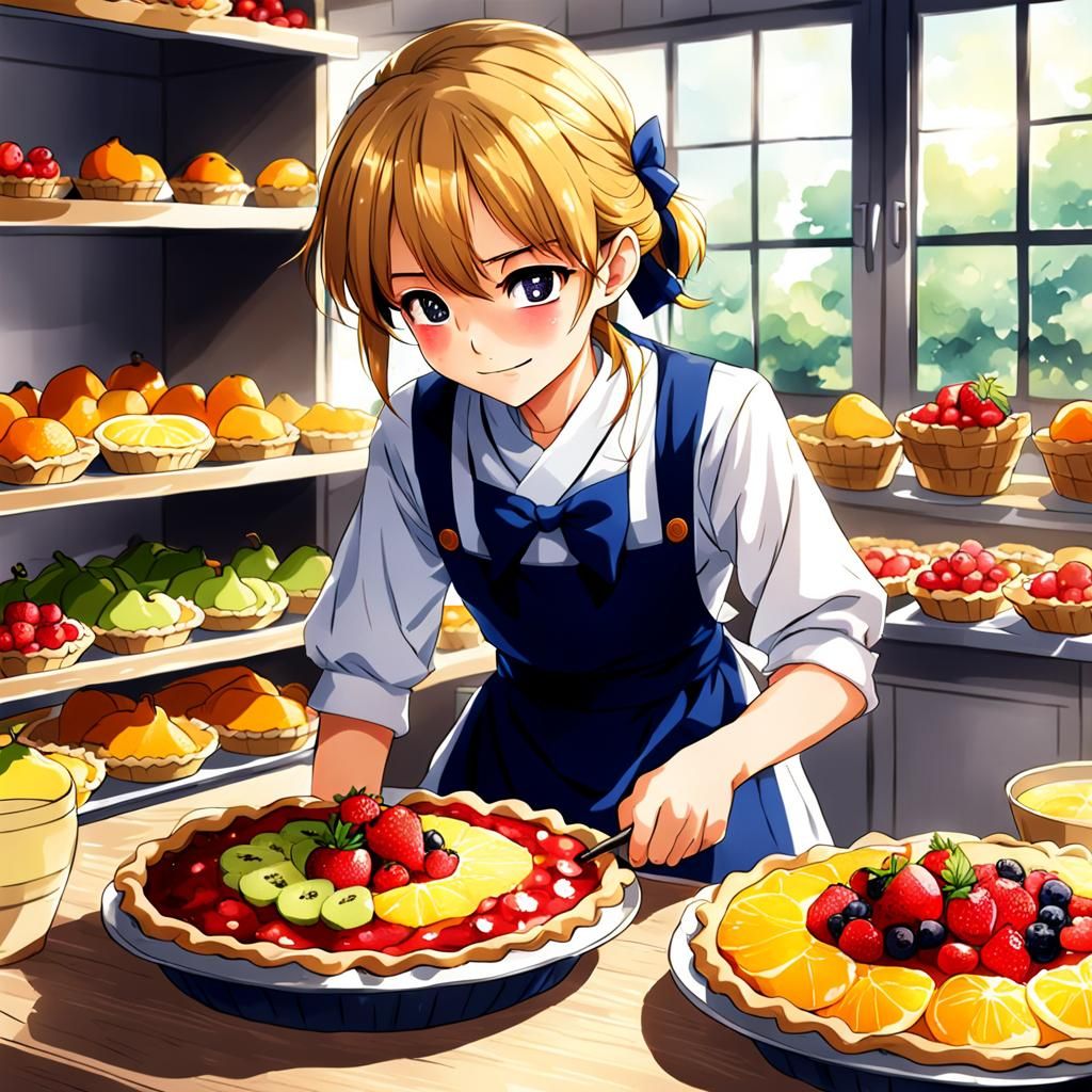 Emma Baking Fruit Pies in Anime Style