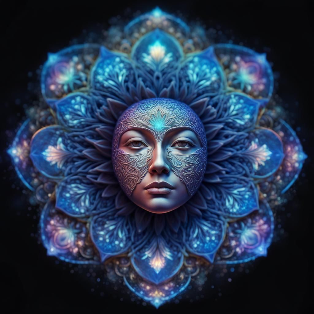 Face in Bioluminescent Mandala with Cosmos Background