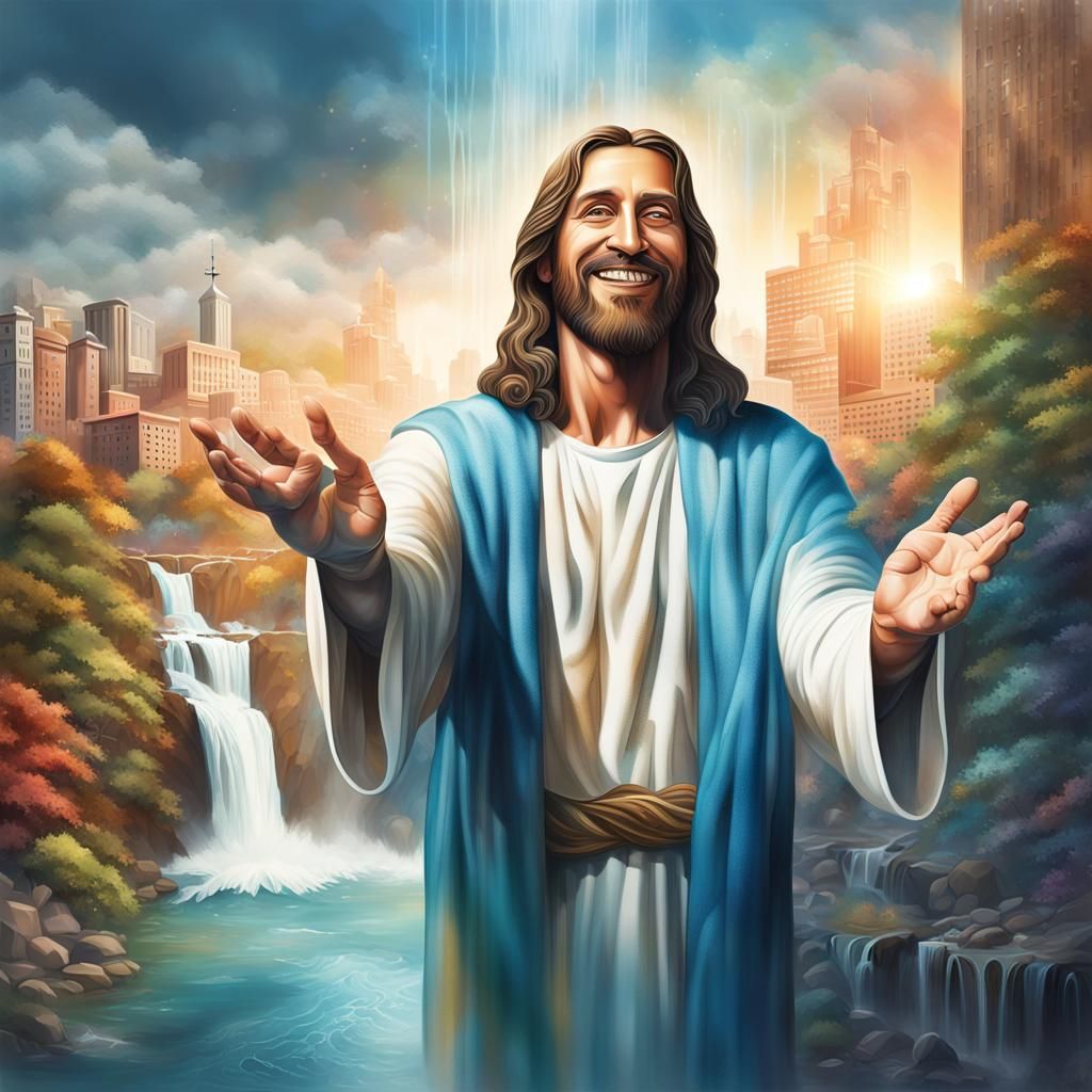 Jesus Christ Smiling with City Waterfall: Hyperrealistic Art