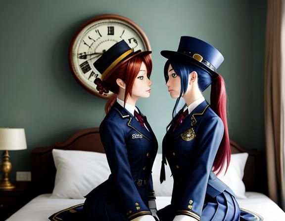 Steampunk Anime Twins Kissing in Bedroom