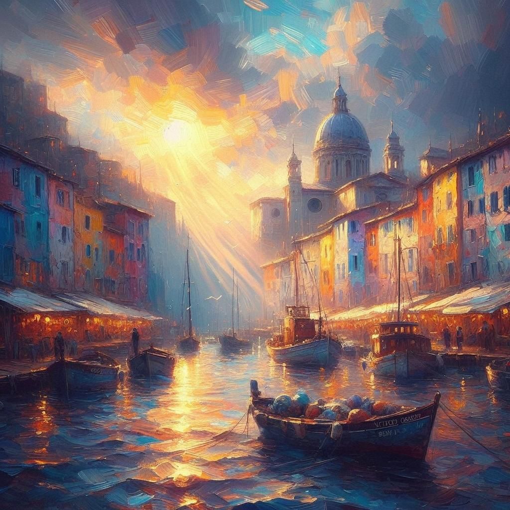 Colorful Neo-Impressionist Fishing Port in Oil Paint