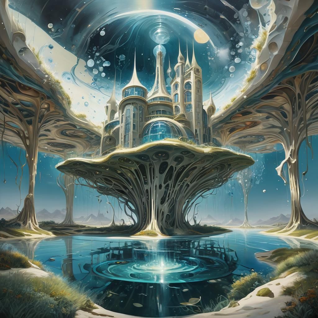 Crystalline Space Colony with Refracted Light, Surreal Archi...