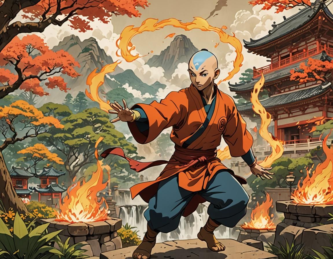Avatar Aang: Elemental Harmony in Ghibli-Inspired Ukiyo-e
