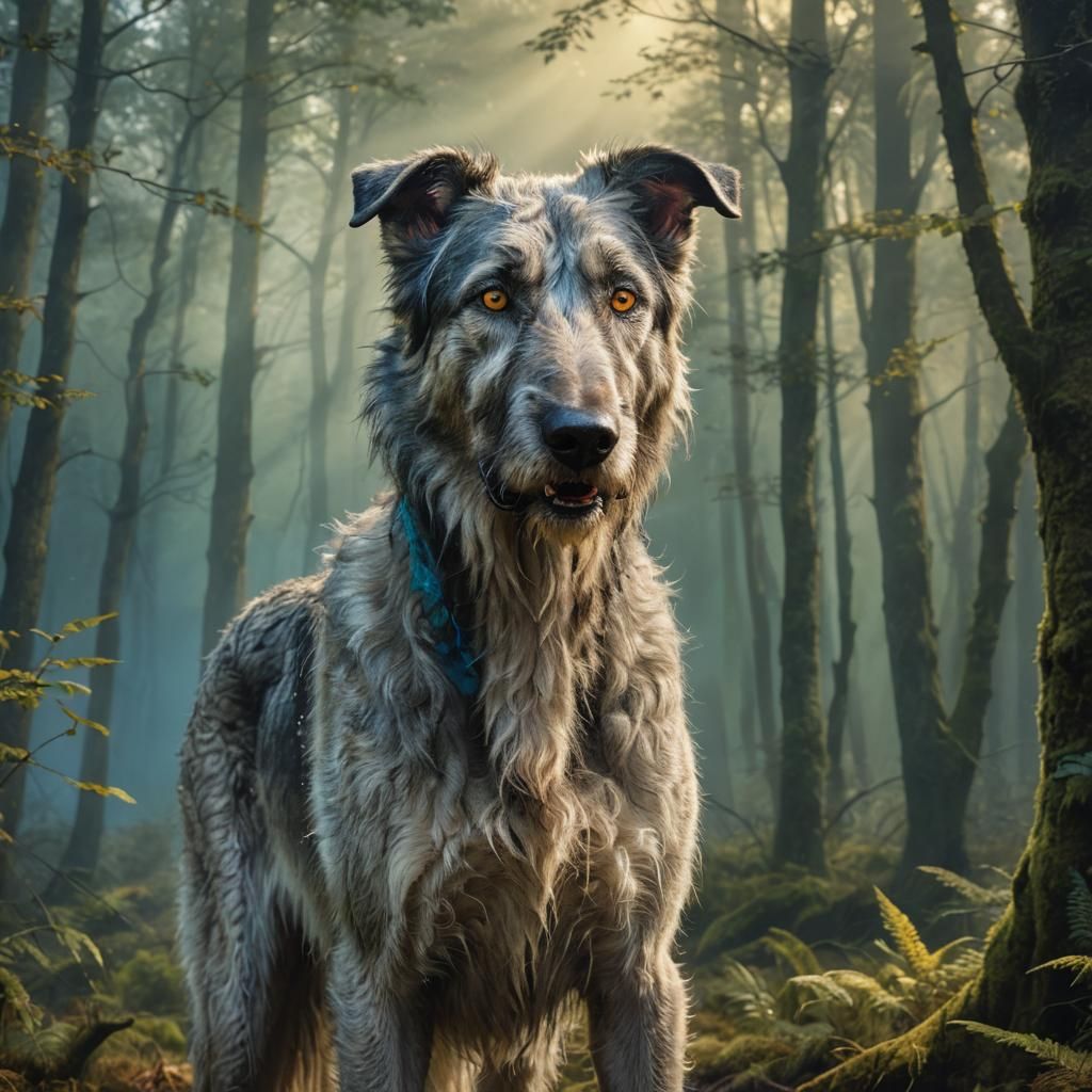 Mighty Wolfhound in Misty Forest: Hyperrealistic Digital Art