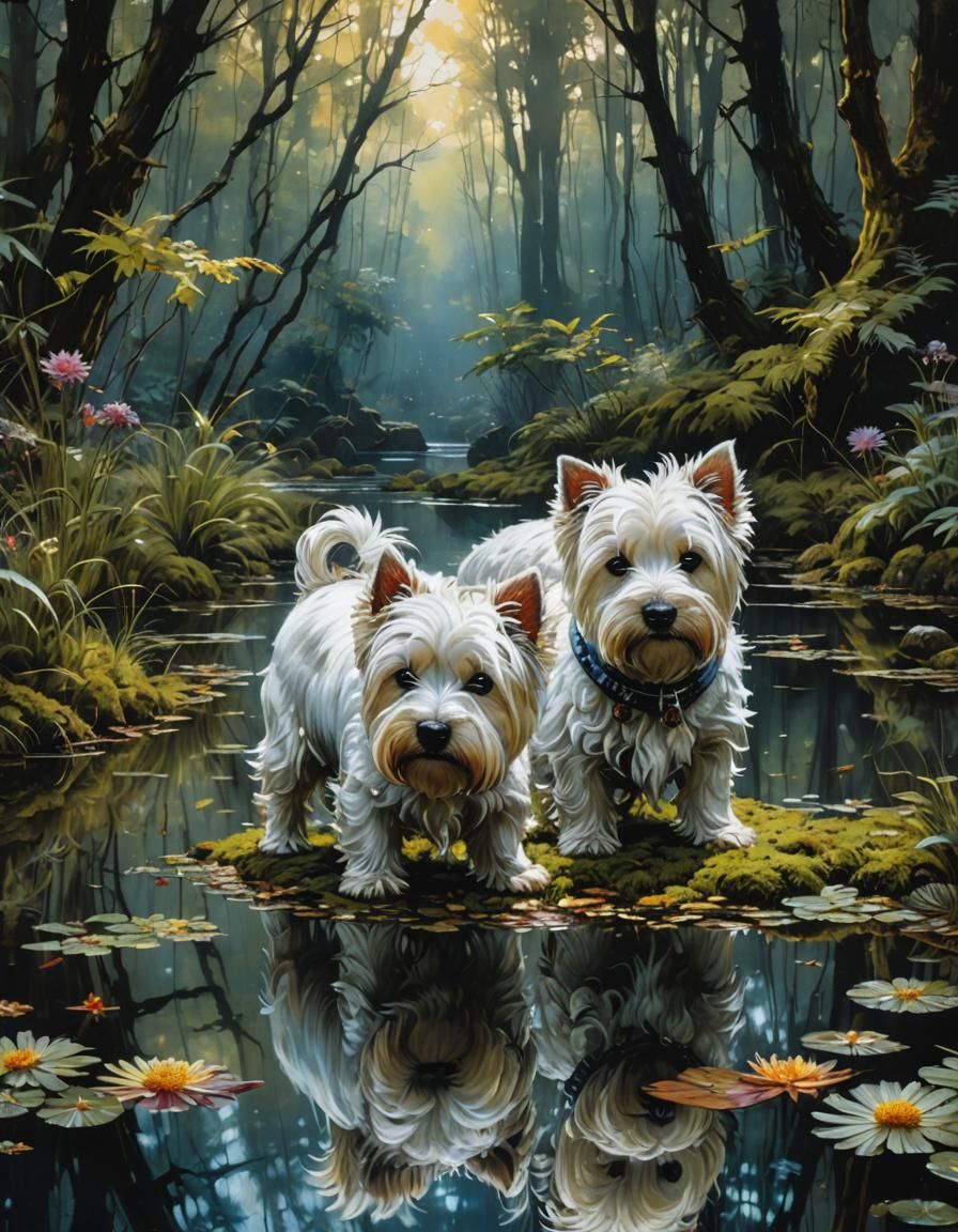 Ornate Westie in Dark Fantasy Reflection