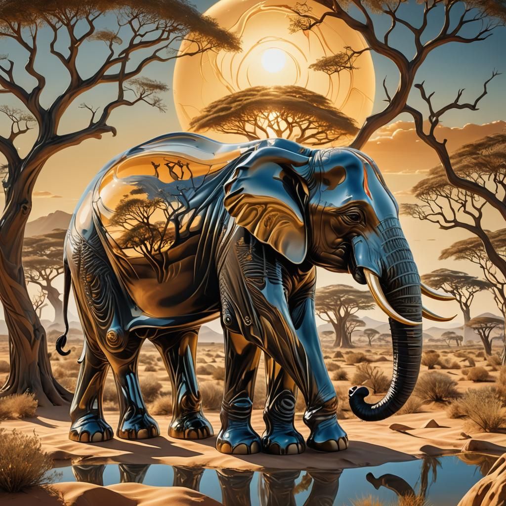 Glass Elephant with African Dreamscape, Surreal Digital Art