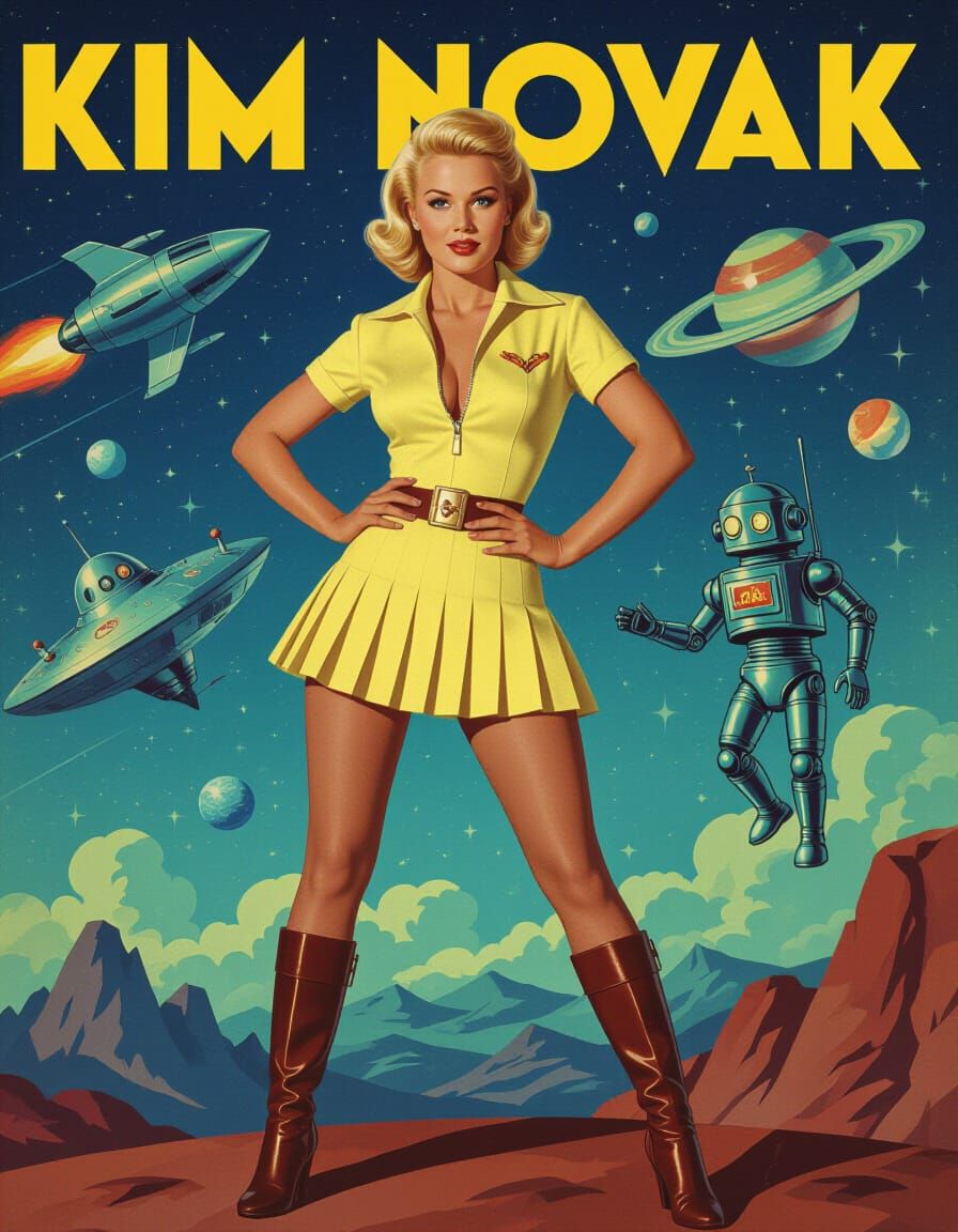 Kim Novak Sci-Fi Pinup in Retro Spaceship