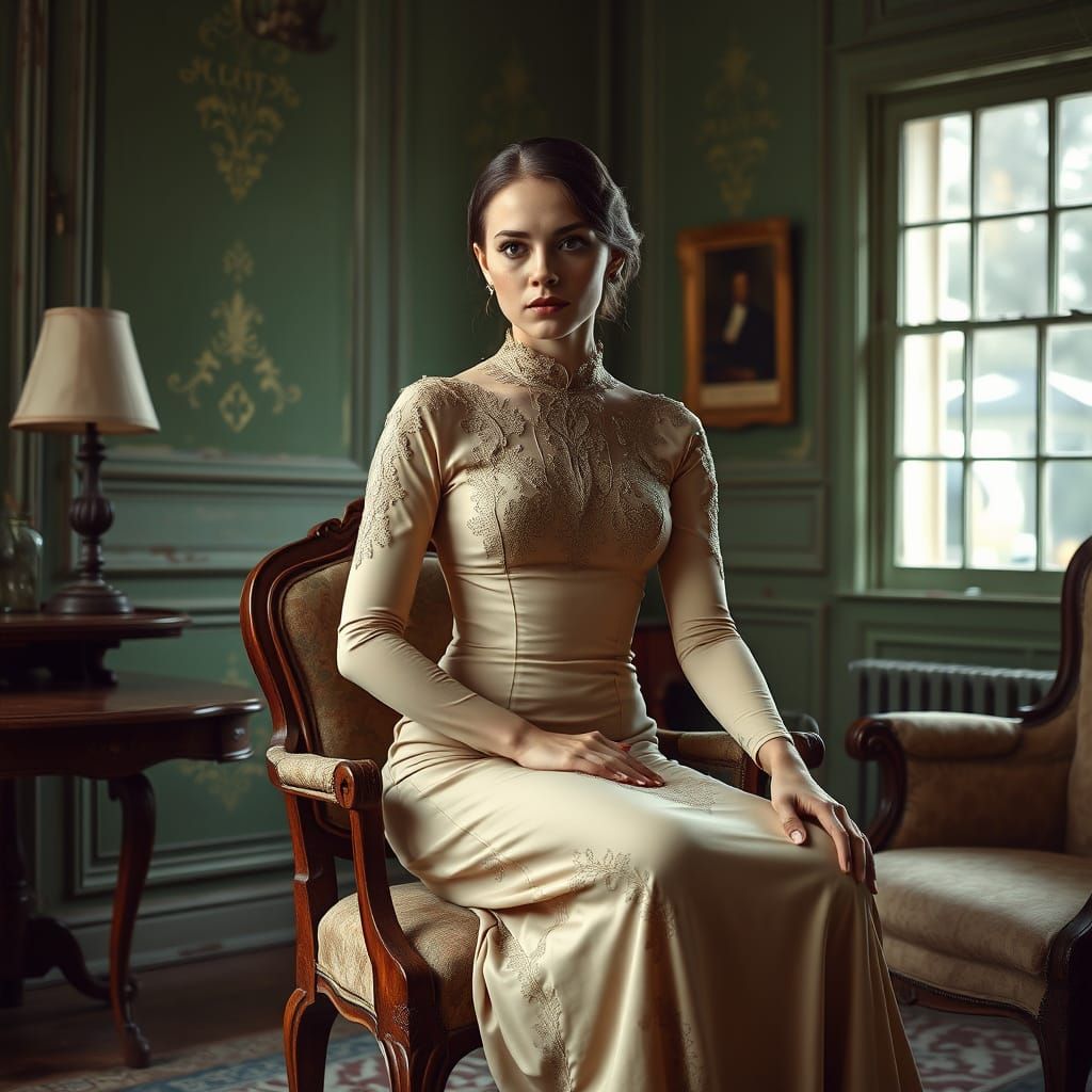 Elegant Young Woman in Beige Gown on Ornate Chair