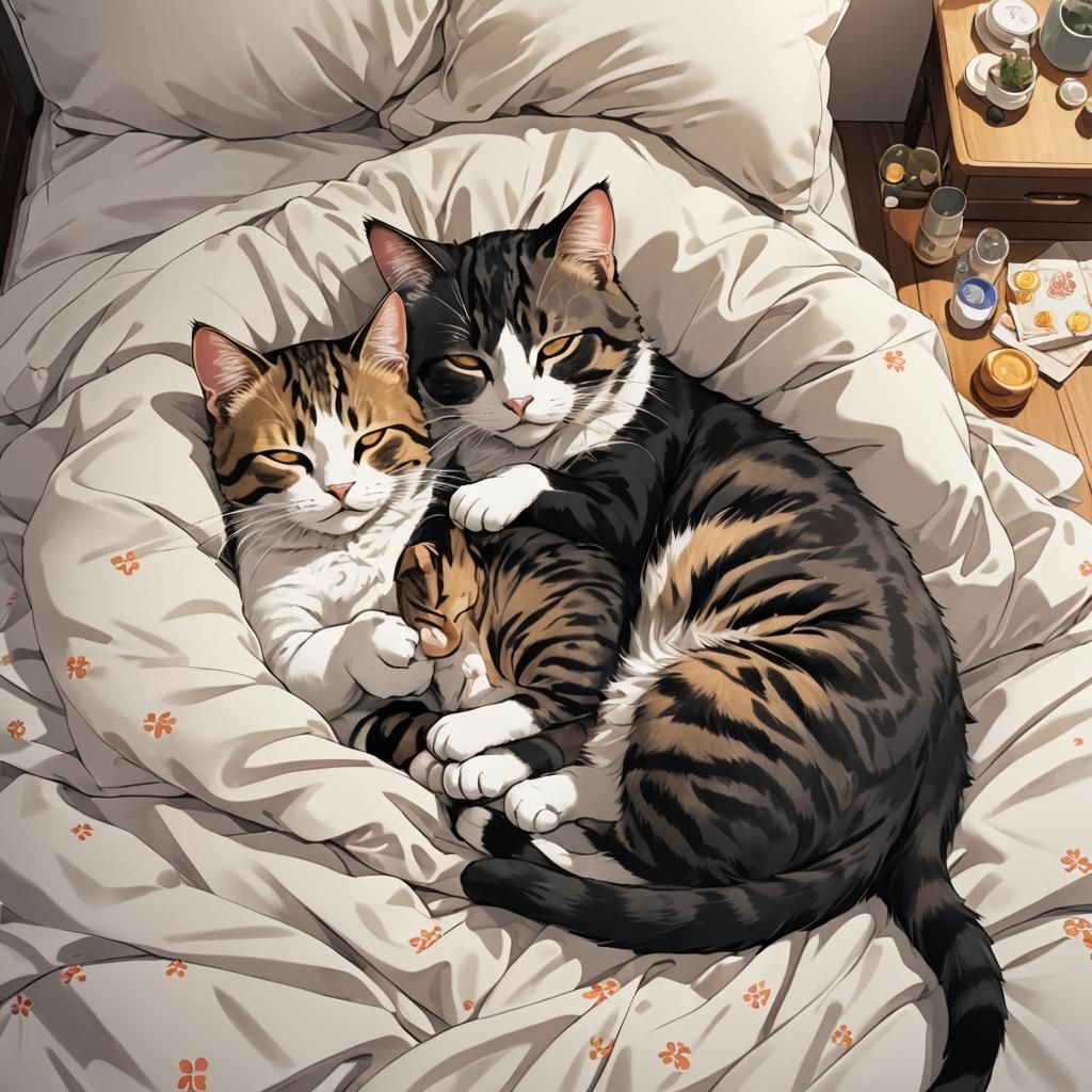 Two Cats Sleeping: Anime-Inspired Digital Art