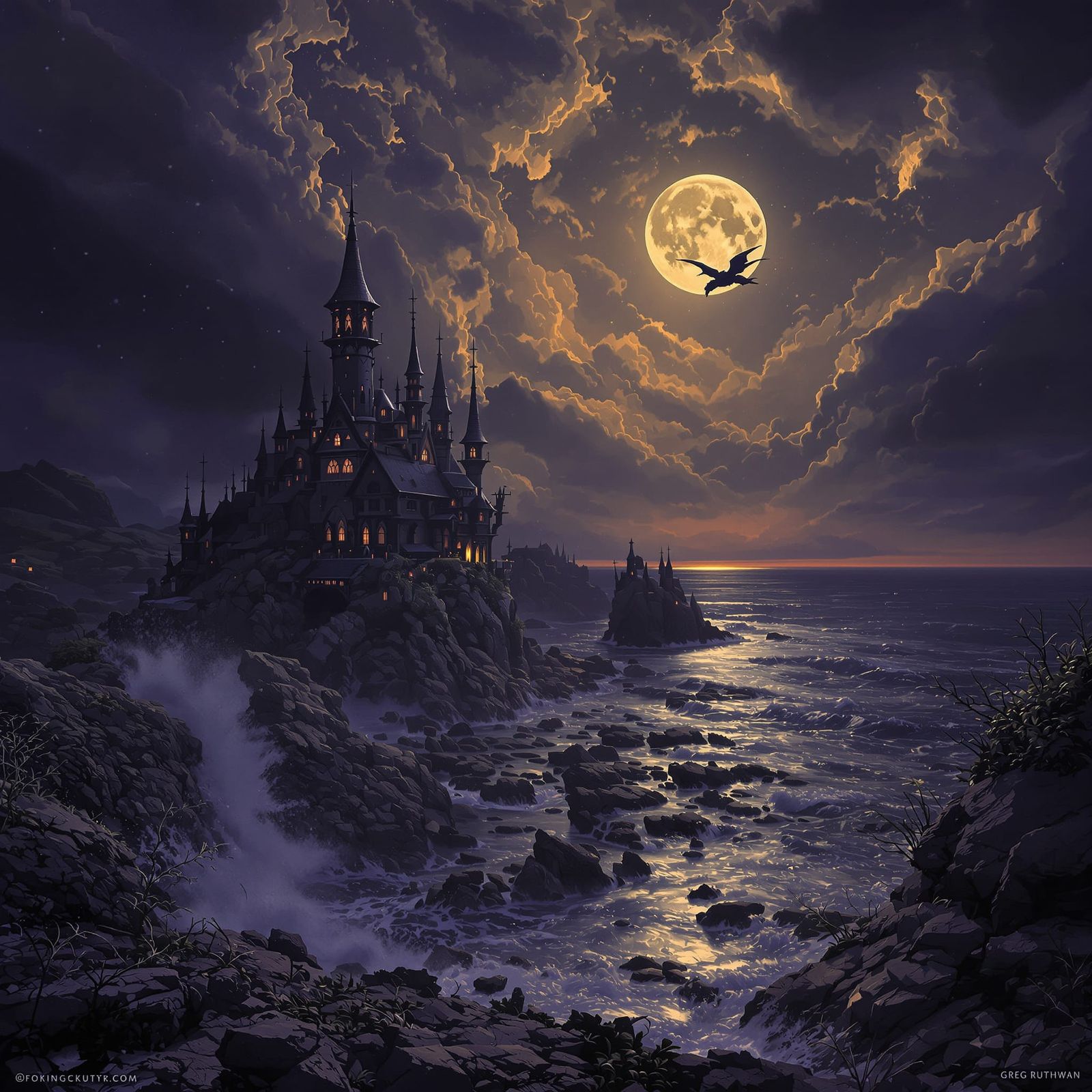 Sinister Village on Winding Coast with Dragon Overhead