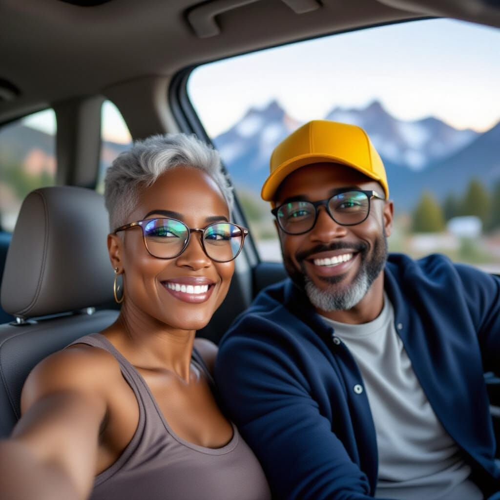 African American Couple Selfie with Mountain View, Digital A...