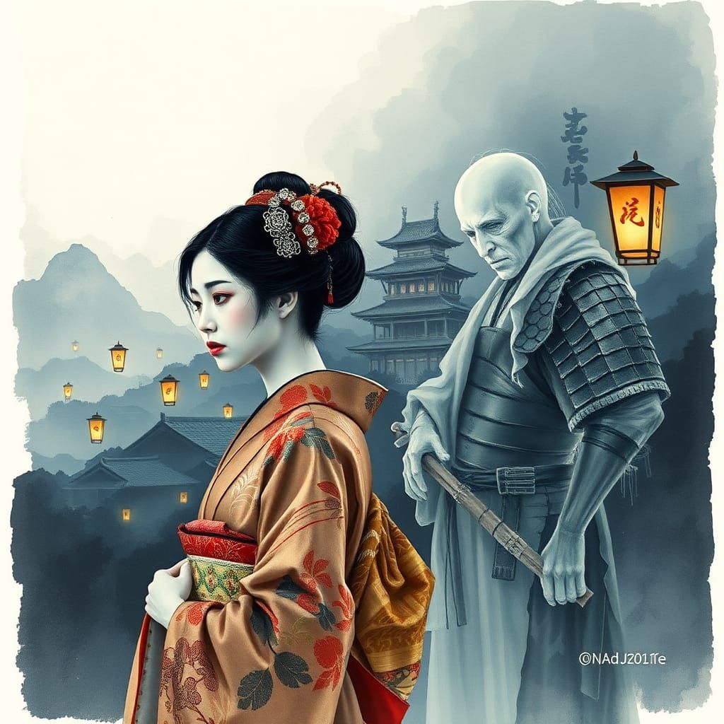 Geisha and Samurai Ghost in Surreal Impasto Landscape