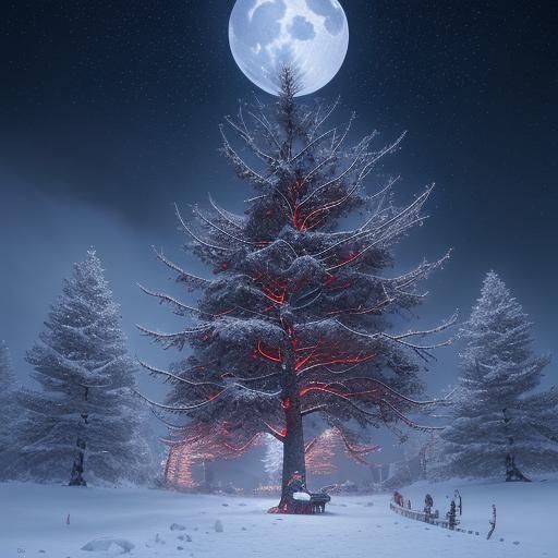 A beautiful Christmas with tree's, snow, moon and stars, using only blue, white and dark red.