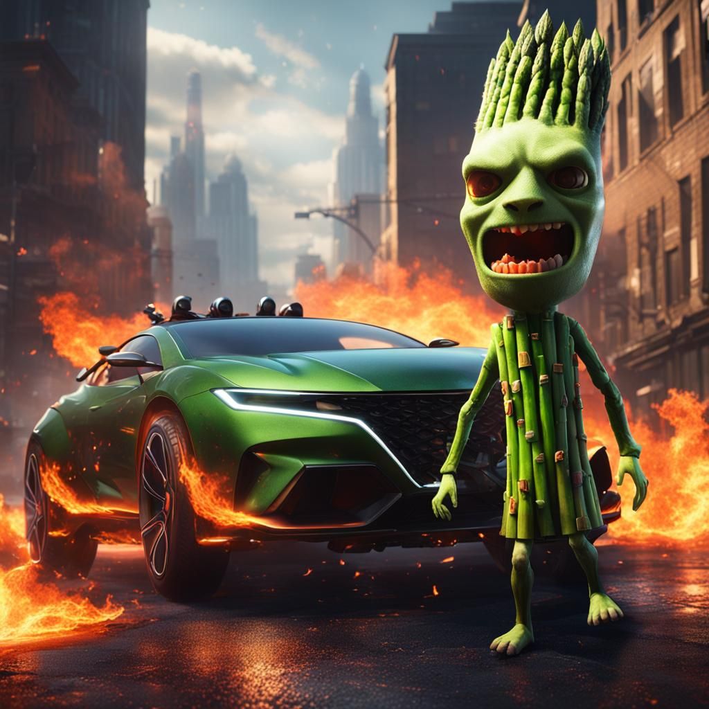 asparagus as a killer devil, fire around him, fire aura, fire eyes, 8k, unreal engine, background city flying cars