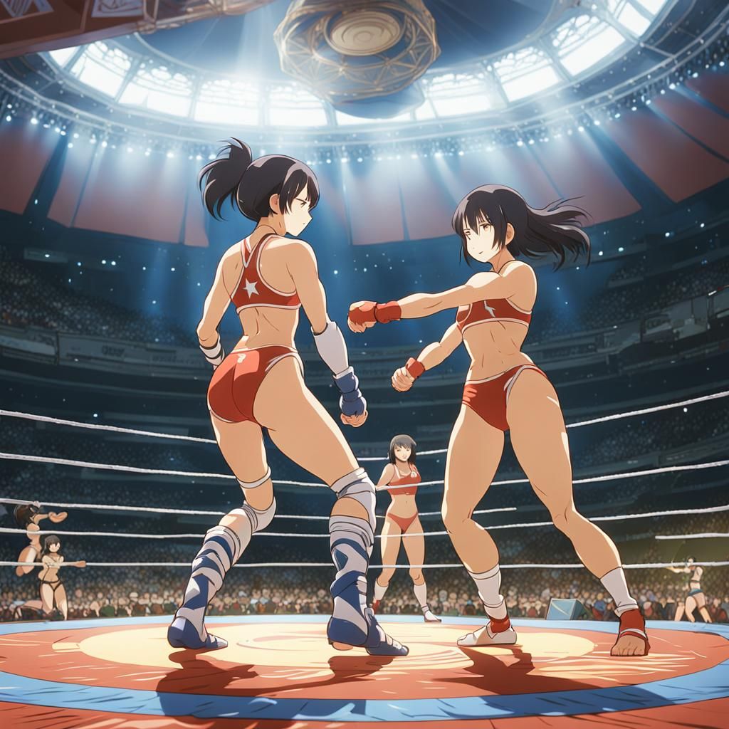 Super Girls Bikini Wrestling in Ghibli Anime Style
