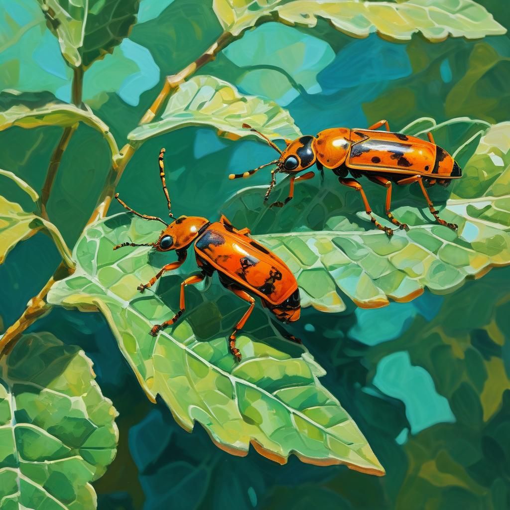 Impressionist Gouache Painting of Soldier Beetles on Vines