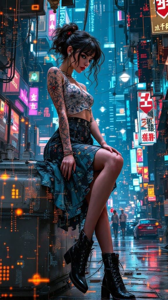 Neurograph Pin-Up Woman in 2040 Urban Style