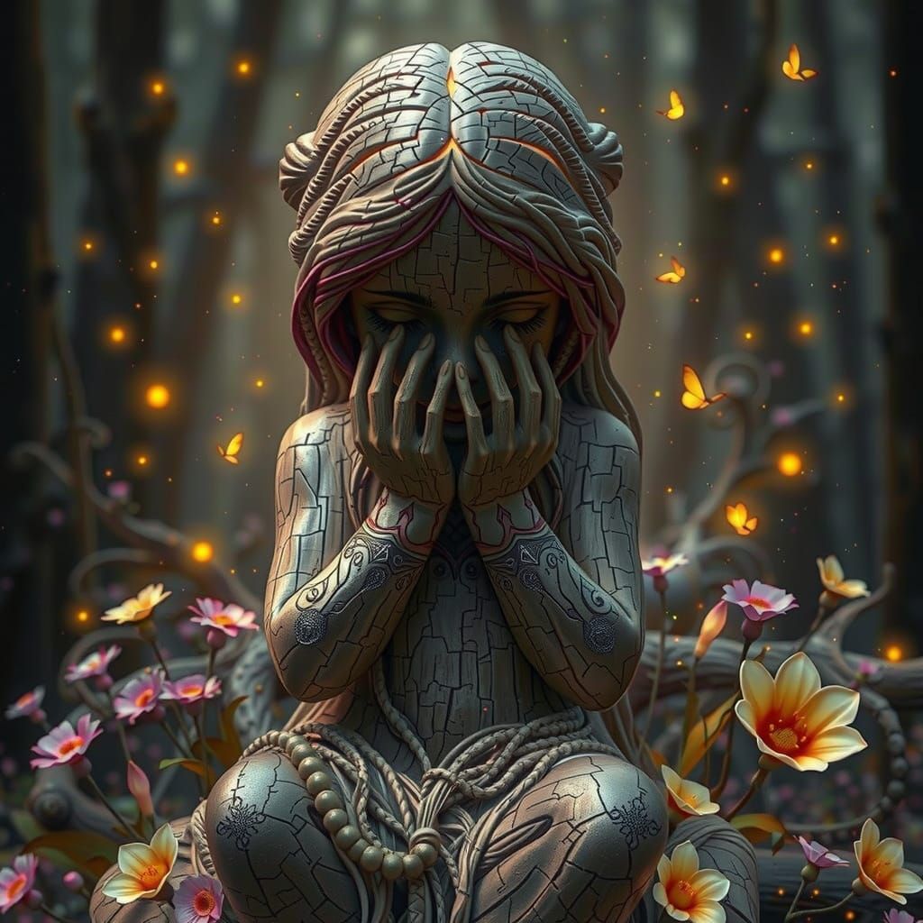 Wooden Statue of Girl in Mystical Forest