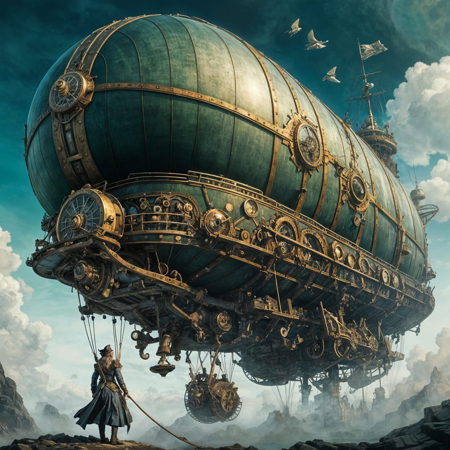 Steampunk Parachutist Landing on Foggy Airship