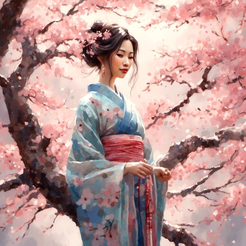 Japanese Woman in Kimono with Cherry Blossoms