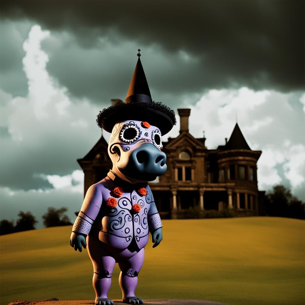 Day of the Dead Hippos in Cartoon Style