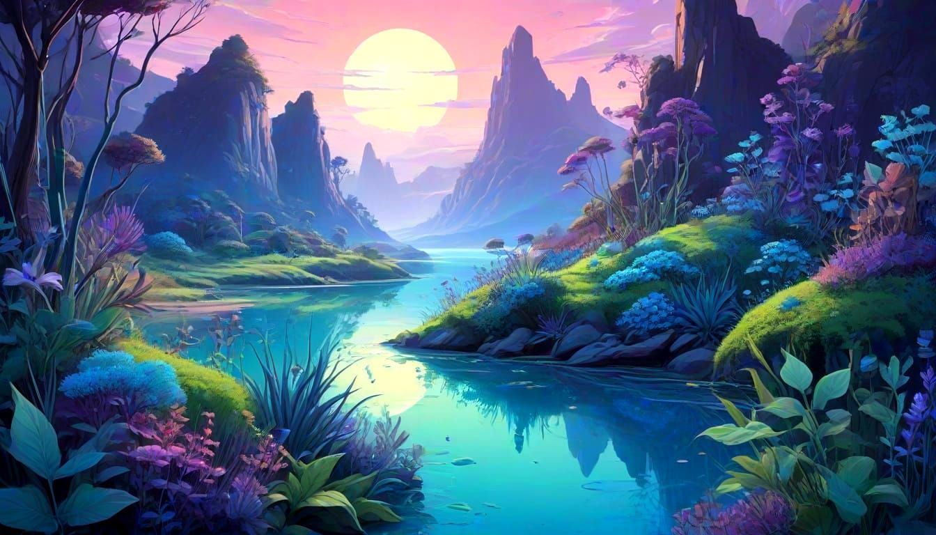 Whimsical Surreal Landscape with Unusual Plants