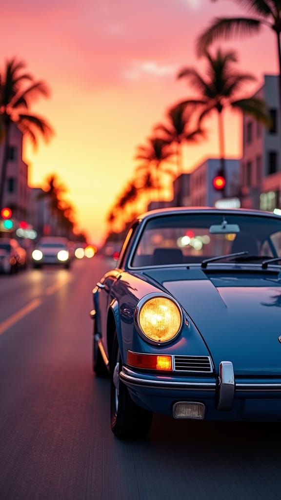 Vintage Porsche 911 Cruising Miami at Sunset