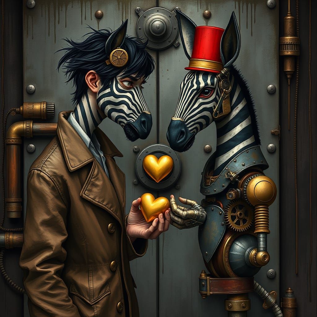 Steampunk Exchange: Man and Mechanical Zebra Offer Hearts