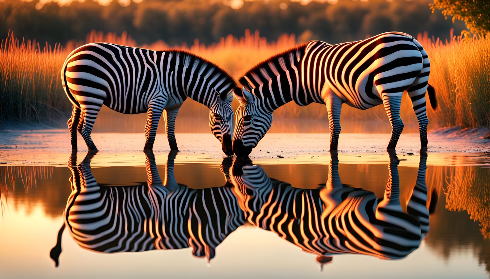 Hyperrealistic Zebra Drinks From Lake Reflection