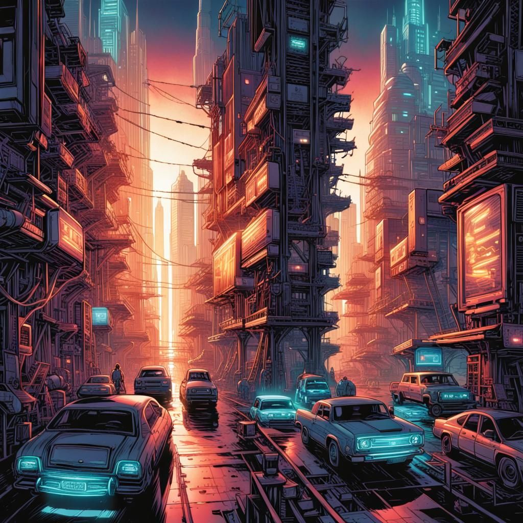 Neon Future City in Comic Book Style