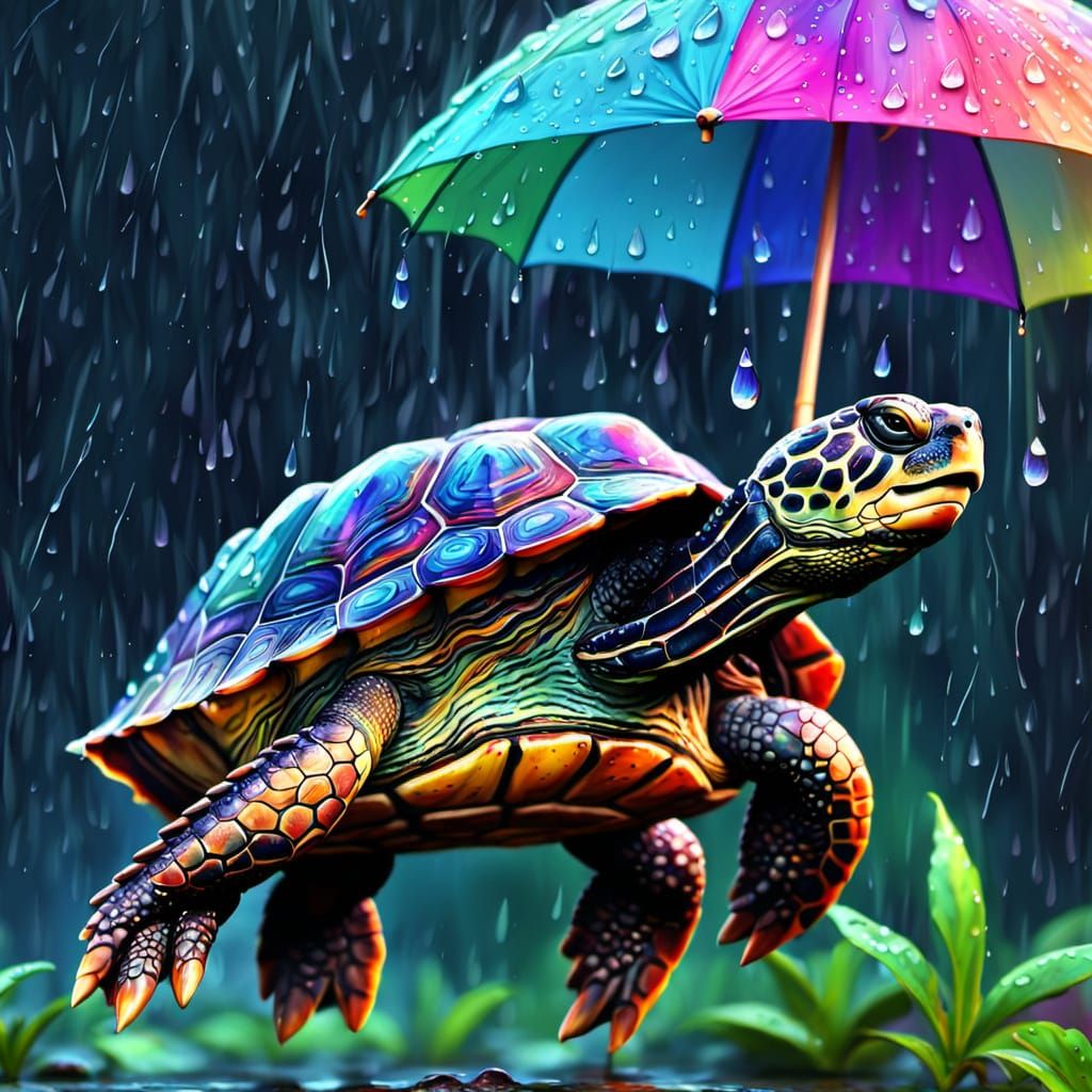 Turtle Dances in Rain: Vibrant Digital Art