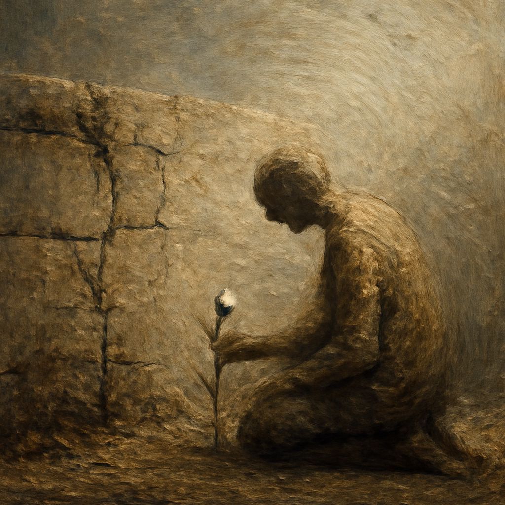 Figure Tends Flower by Cracked Wall in Impasto Style